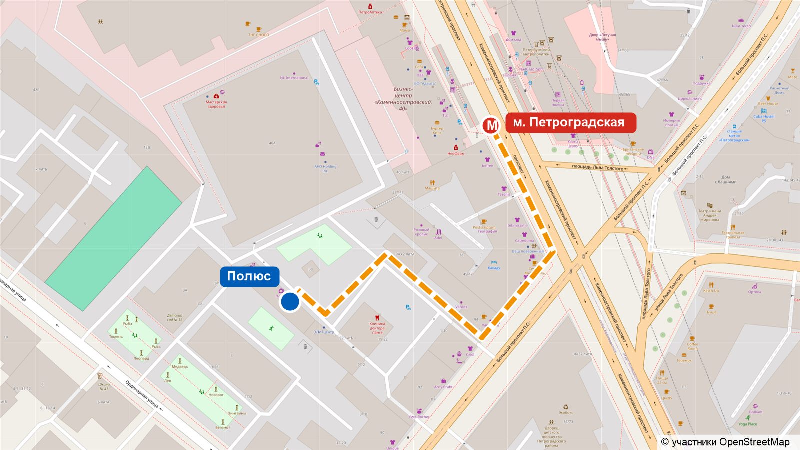 Как пройти от метро Петроградская до магазина Полюс