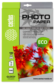 Бумага CACTUS CS-GA6180100E 10x15/180г/м2/100л./белый глянцевое для струйной печати