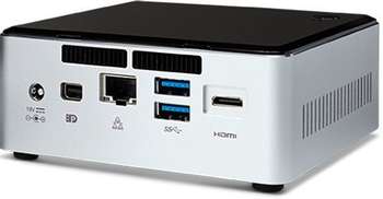 Компьютер, рабочая станция NUC, Intel Core i3 5010U, 2.1 GHz, 4Gb DDR3 SODIMM, VGA Intel HD Graphics 5500 (miniDP+miniHDMI), 4xUSB3.0, 1xM.2 SSD, 1Tb SATA3 HDD, GBL, WiFi+BT, noCR, Silver/Black,VESA, powercord EU, IR-port, Kensington Lock, no OS, 983261 (BOXNUC5i3RYHSN)