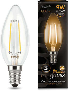 Лампа GAUSS светодиодная Filament 9Вт цок.:E14 свеча 220B 2700K св.свеч.бел.теп. С35