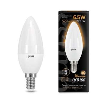 Лампа GAUSS 103101107 Светодиодная LED Свеча E14 6.5W 520lm 3000К 1/10/100