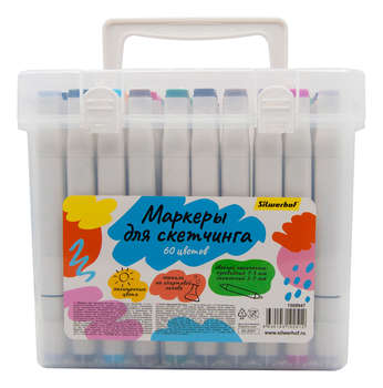 Маркер SILWERHOF Набор маркеров для скетчинга двойной пиш. наконечник 1-7мм 60цв. пластиковая коробка