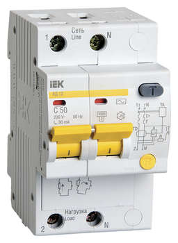 Автоматический выключатель IEK Выключатель автом. дифф. тока MAD10-2-050-C-030 АД12 50A тип C 4.5kA 30мА AC 2П 230В 3мод белый