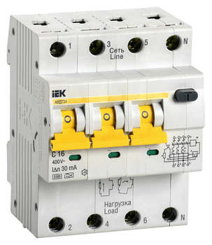 Автоматический выключатель IEK Выключатель автом. дифф. тока MAD22-6-016-C-30 АВДТ 34 16A тип C 6kA 30мА A 4П 400В 4мод белый