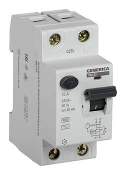 Автоматический выключатель IEK Выключатель дифф.тока УЗО MDV15-2-025-030 ВД1-63 Generica 25A 4.5kA 30мА AC 2П 230В 2мод серый