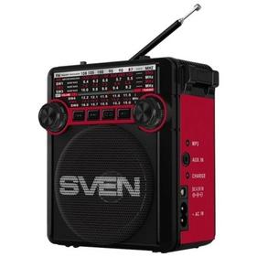 Акустическая система Sven SRP-355, красный, радиоприемник, мощность 3 Вт , FM/AM/SW, USB, SD/microSD, фонарь, встроенный аккумулятор