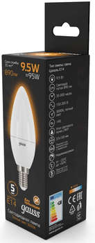 Лампа GAUSS светодиодная A60 9.5Вт цок.:E14 свеча 220B 3000K св.свеч.бел.теп. C37