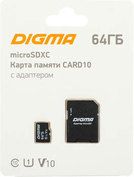 Карта памяти Digma Флеш карта microSDXC 64GB CARD10 V10 + adapter