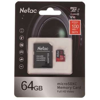 Карта памяти Netac Micro SecureDigital 64GB microSDXC Class10 NT02P500PRO-064G-R P500 Extreme Pro + adapter