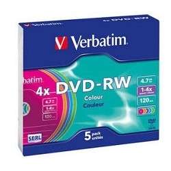Оптический диск Verbatim Диск DVD-RW 4x, Colour, Slim, 5шт,