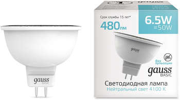 Лампа GAUSS светодиодная Basic 6.5Вт цок.:GU5.3 рефлек. 220B 4100K св.свеч.бел.нейт. MR16