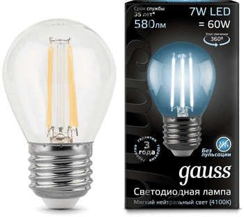 Лампа GAUSS светодиодная Filament 7Вт цок.:E27 шар 220B 4100K св.свеч.бел.нейт. P45