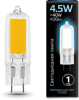 Лампа GAUSS светодиодная G4 4.5Вт цок.:G4 капсул. 220B 4100K св.свеч.бел.нейт.