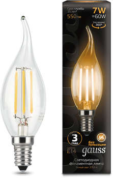 Лампа GAUSS светодиодная Filament 7Вт цок.:E14 свеча 220B 2700K св.свеч.бел.теп. CF35