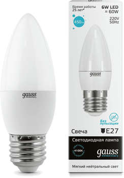 Лампа GAUSS светодиодная Elementary 6Вт цок.:E27 свеча 220B 4100K св.свеч.бел.нейт. C37