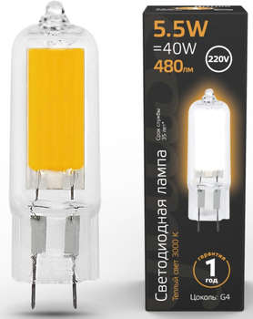 Лампа GAUSS светодиодная G4 5.5Вт цок.:G4 капсул. 220B 3000K св.свеч.бел.теп.