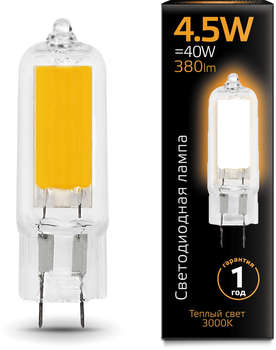 Лампа GAUSS светодиодная G4 4.5Вт цок.:G4 капсул. 220B 3000K св.свеч.бел.теп.