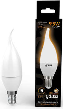 Лампа GAUSS светодиодная 9.5Вт цок.:E14 свеча 220B 3000K св.свеч.бел.теп.