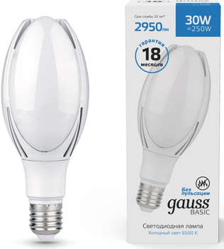 Лампа GAUSS светодиодная Basic 11834332 30Вт цок.:E40 цилин. 220B 6500K св.свеч.бел.хол.