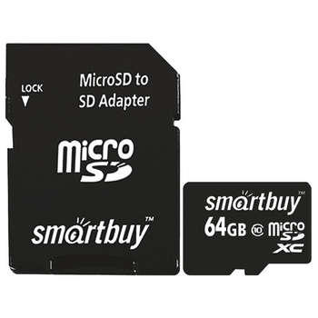 Карта памяти micro SDXC, 64 GB, SMARTBUY, 10 Мб/сек. , с адаптером, SB64GBSDCL10-01