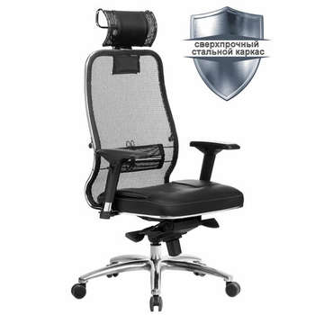 Кресло Метта офисное "SAMURAI" SL-3.04, с подголовником, сверхпрочная ткань-сетка/экокожа, черное