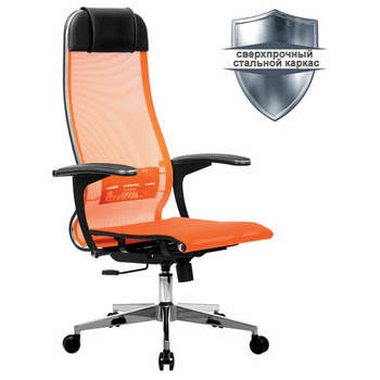 Кресло Метта офисное "К-4-Т" хром, прочная сетка, сиденье и спинка регулируемые, оранжевое
