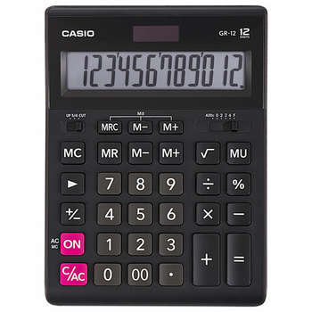 Калькулятор CASIO настольный GR-12-W , 12 разрядов, двойное питание, черный, европодвес, GR-12-W-EP