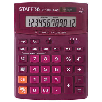 Калькулятор Staff настольный STF-888-12-WR  12 разрядов, двойное питание, БОРДОВЫЙ, 250454