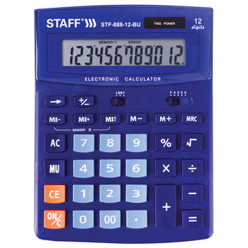 Калькулятор Staff настольный STF-888-12-BU  12 разрядов, двойное питание, СИНИЙ, 250455