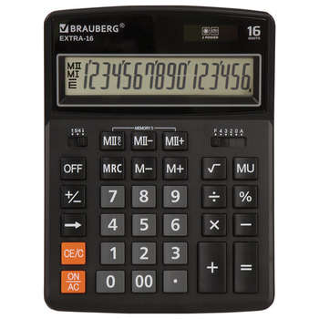 Калькулятор Brauberg настольный EXTRA-16-BK , 16 разрядов, двойное питание, ЧЕРНЫЙ, 250475