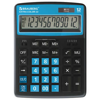 Калькулятор Brauberg настольный EXTRA COLOR-12-BKBU , 12 разрядов, двойное питание, ЧЕРНО-ГОЛУБОЙ, 250476
