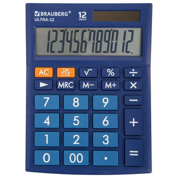 Калькулятор Brauberg настольный ULTRA-12-BU , 12 разрядов, двойное питание, СИНИЙ, 250492