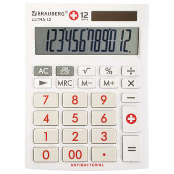 Калькулятор Brauberg настольный ULTRA-12-WAB , 12 разрядов, двойное питание, антибактериальное покрытие, БЕЛЫЙ, 250506