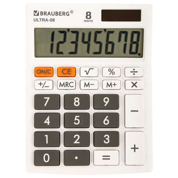 Калькулятор Brauberg настольный ULTRA-08-WT, КОМПАКТНЫЙ , 8 разрядов, двойное питание, БЕЛЫЙ, 250512