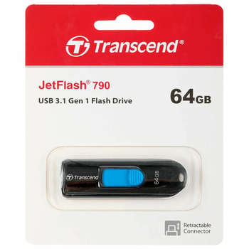 Flash-носитель Transcend Флеш-диск 64GB JetFlash 790, USB 3.1, черный, TS64GJF790K